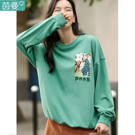 茵曼旗舰店官方长袖卫衣女2023新款上衣外套套头圆领宽松无帽春秋图片