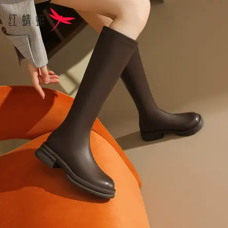 红蜻蜓棕色长筒靴女2023秋冬新款瘦瘦靴真皮长靴女粗跟厚底骑士靴商品大图