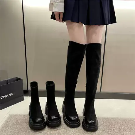 马丁靴女法式瘦瘦靴2023新款配裙子过膝弹力袜靴春秋粗跟高跟靴子图片