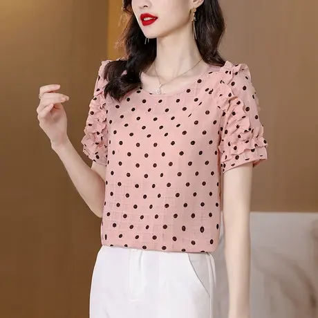 波点印花雪纺衬衫女夏季2023新款宽松减龄女装设计感小众衬短袖衫图片