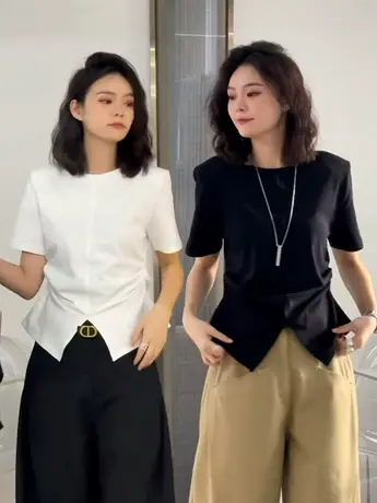 褶皱短袖t恤女装夏季新款宽松显瘦设计感不规则百搭修身开叉上衣商品大图