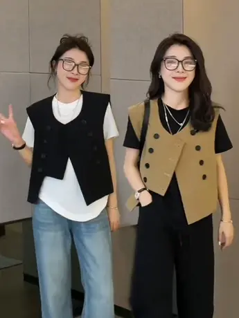 2023不对称春夏新款圆领双排多扣不规则简约时尚休闲西装马甲外套商品大图