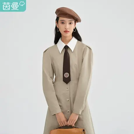 【商场同款】茵曼2023春装新款女尖领a字通勤简约排扣短袖连衣裙商品大图