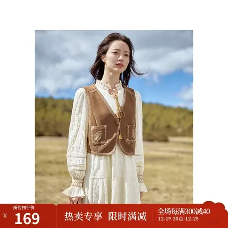 茵曼复古叠穿百搭短马甲2023秋女装新款V领绣花无袖显瘦背心上衣图片