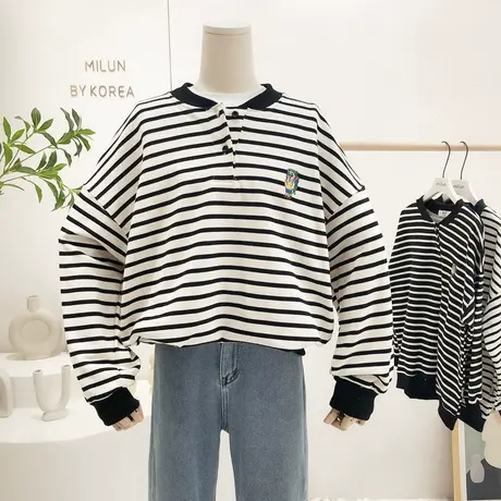 2022春季新款韩国东大门ins刺绣小熊立领条纹卫衣小众设计感大码图片