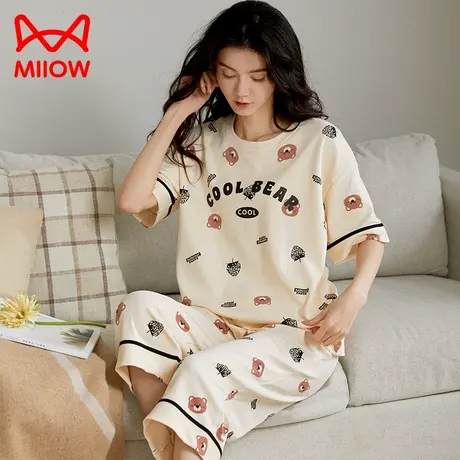 猫人睡衣女士春秋夏季纯棉短袖薄款七分裤家居服套装2023年新款图片