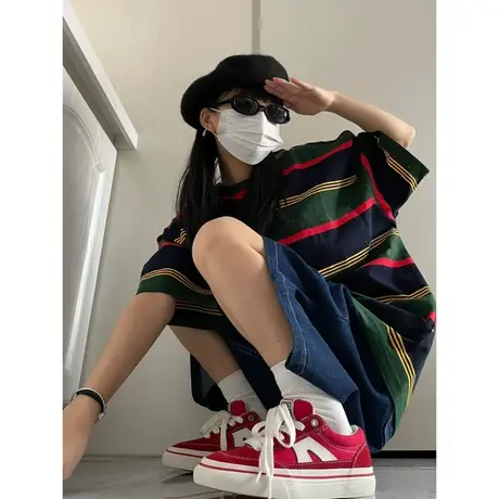 oversize条纹T恤夏季潮牌短袖女小众设计感宽松复古港味chic上衣商品大图