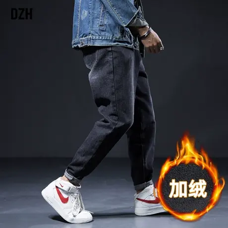男士黑色加绒牛仔裤男秋冬潮牌小脚裤2023新款大码裤子男款休闲裤商品大图