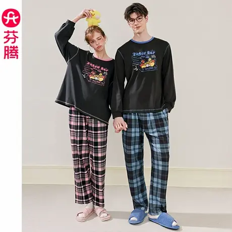 芬腾情侣睡衣女春秋季纯棉长袖布朗熊男休闲大码可外穿家居服套装商品大图