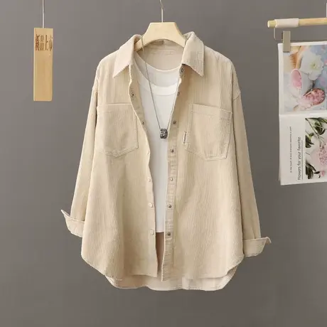 休闲灯芯绒衬衫外套女宽松中长款2023新款韩版港味叠穿衬衣开衫潮图片
