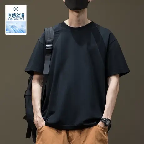 冰丝凉感设计感拼接短袖T恤男士2025夏季新款宽松大码五分袖体恤商品大图