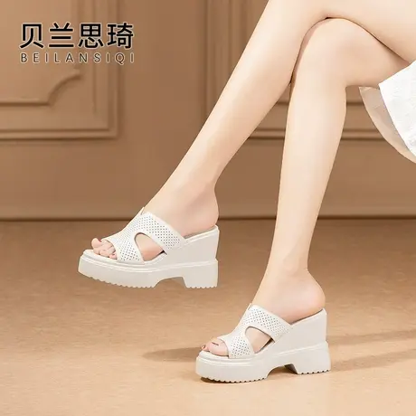 真皮镂空松糕厚底外穿坡跟凉拖鞋女2024夏季新款防水台高跟拖鞋商品大图