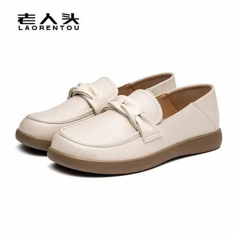 老人头头层牛皮乐福鞋女春秋款真皮平底单鞋女一脚蹬深口小皮鞋女商品大图