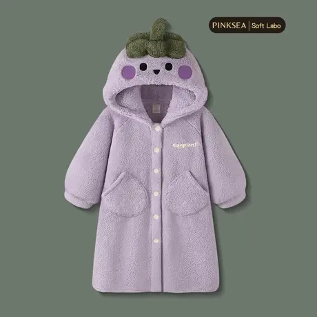 Pinksea珊瑚绒睡袍女款秋冬季长款浴袍可爱紫色茄子加厚保暖睡衣图片