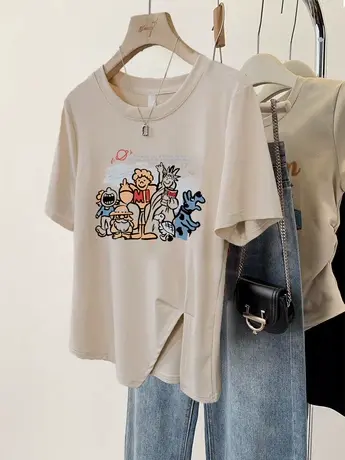 夏不规则开叉女装上衣韩系chic慵懒风温柔t恤ins潮设计感洋气短袖图片