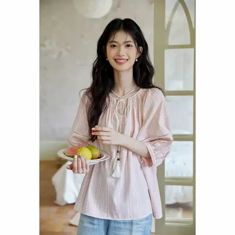 弥古粉色泡泡袖上衣女高级感多巴胺衬衫2025夏季宽松短袖法式衬衣图片