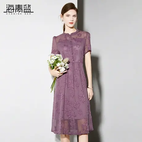 海青蓝时尚优雅紫色连衣裙女2024新款夏季温柔风花边领印花中长裙图片