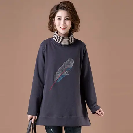 卫衣女秋冬高领加肥加大码女装宽松中长款刺绣加绒加厚显瘦外套商品大图