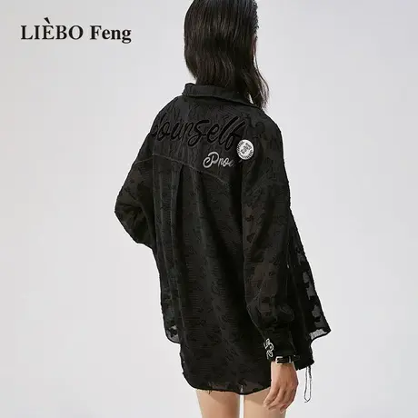 裂帛LIEBOFeng原创设计chic复古宽松慵懒风刺绣黑色气质长袖衬衫图片