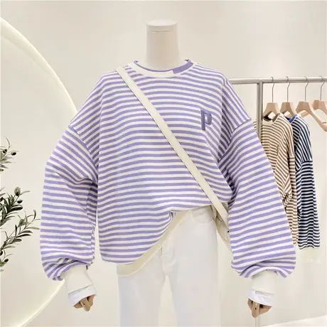 卫衣女春秋薄款2022新款韩版百搭刺绣英文字母条纹宽松慵懒风上衣商品大图