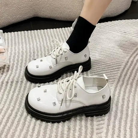 单鞋女英伦风2023夏季新款漆皮水钻系带厚底松糕圆头韩版小皮鞋女商品大图