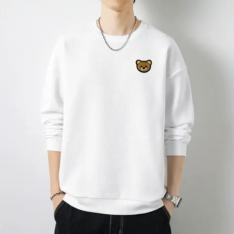 华夫格白色卫衣男潮牌潮流宽松秋冬款无帽上衣服小熊圆领长袖t恤商品大图