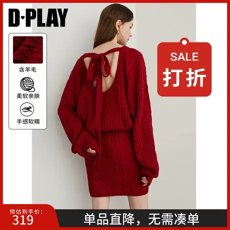 DPLAY2025春季新款红色连衣裙女新年本命年含羊毛针织红色毛衣裙商品大图