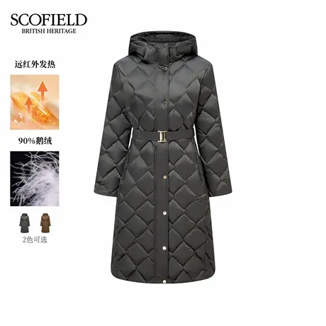 Scofield女装气质长款菱格绗缝连帽羽绒服金属扣腰带2025冬季新品商品大图