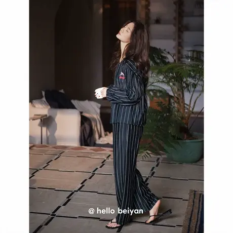 贝妍新款睡衣女春秋季长袖莫代尔棉家居服休闲宽松大码套装可外穿商品大图