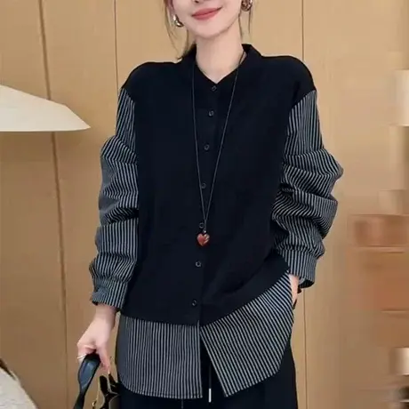 条纹拼接针织衬衣长袖外套女上衣潮小个子秋季新款时尚显瘦洋气潮商品大图