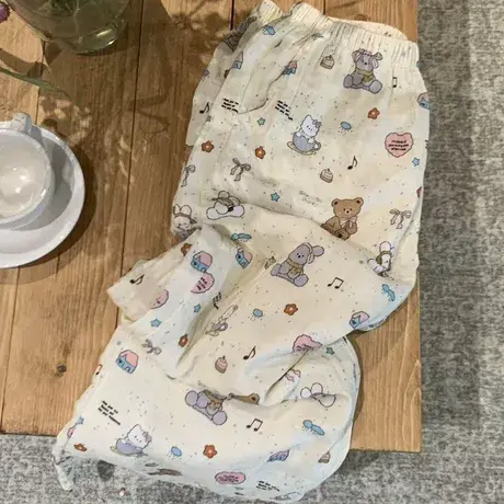 新品~耳机小狗a类纯棉双层纱布可爱卡通少女心睡裤家居可外穿商品大图