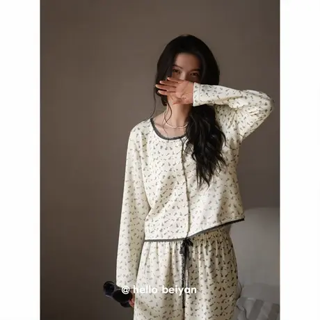 贝妍春秋季新款睡衣女莫代尔棉长袖开衫套装甜美碎花家居服可外穿商品大图