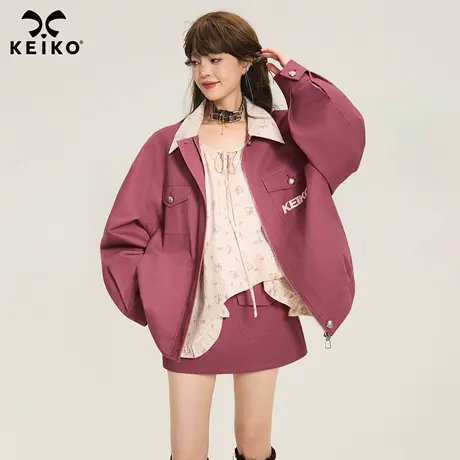 KEIKO 美式复古树莓粉色短外套女2025秋冬高级感廓形撞色翻领夹克商品大图