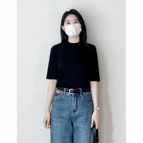 韩版简约百搭设计感中袖t恤女2025早秋外穿宽松半高领打底上衣ins商品大图