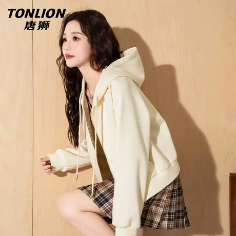 唐狮官方短款卫衣外套女2026新款春季宽松慵懒开衫学生连帽上衣VC图片