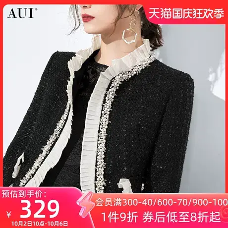 AUI黑色御姐气质设计感短外套女2023秋冬新款小众立领长袖厚上衣商品大图
