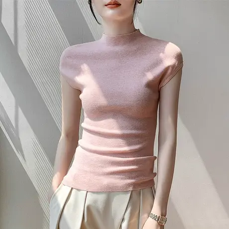 半高领无袖针织衫女2023早秋新品纯色坎肩西装内搭纯色简约打底衫商品大图