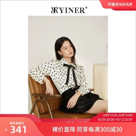 YINER音儿女装2022春季新款时尚领结装饰长袖波点衬衫图片