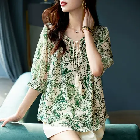 宝诗黎2023初秋新款七分袖宽松减龄上衣女V领系带复古碎花雪纺衫商品大图