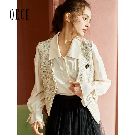 Oece春装新款女装 Sweet法式优雅甜美翻领喇叭袖气质长袖衬衫图片