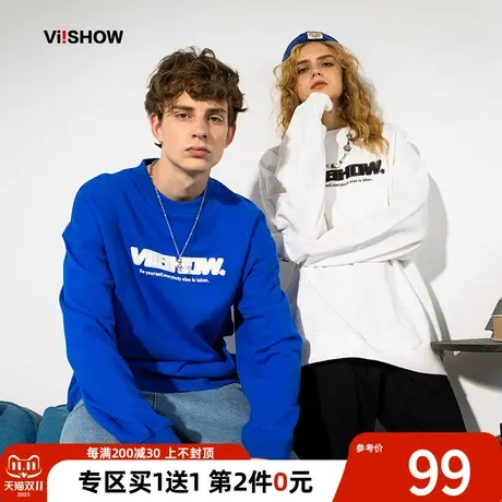 VIISHOW卫衣男春秋2022新款克莱因蓝ins圆领落肩宽松潮流情侣上衣商品大图