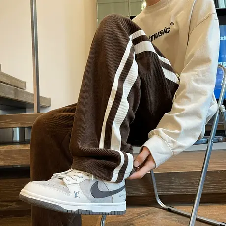 灯芯绒休闲裤子男冬款长裤运动咖色美拉德穿搭潮牌宽松坠感直筒裤图片