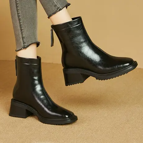 2023秋冬新款加厚加绒保暖真皮方头短靴女黑色百搭舒适短筒靴子女图片