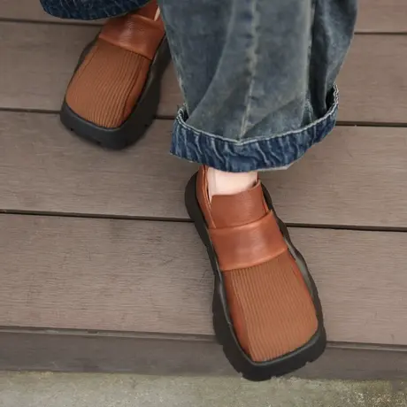 Artmu阿木原创复古一脚蹬乐福鞋松糕鞋厚底踝靴真皮短靴春秋单靴商品大图