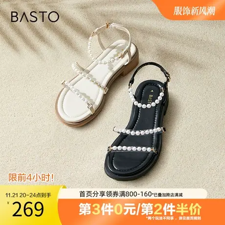 百思图奥莱2023夏季新款潮流珍珠饰罗马凉粗跟女凉鞋MB210BL3图片
