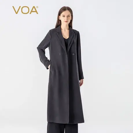 VOA30姆米重磅桑蚕丝西装领长袖两粒扣通勤职场中长真丝外套风衣图片