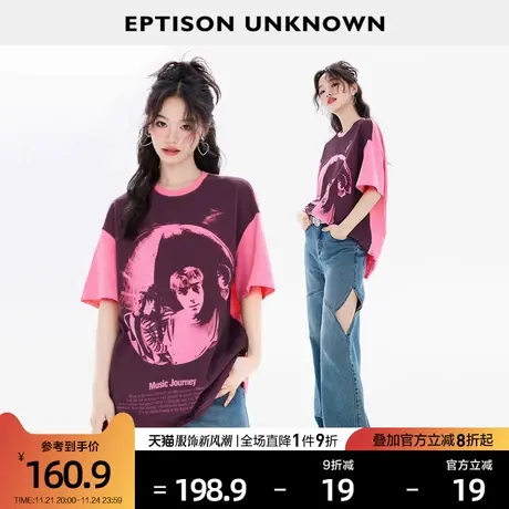 EPTISON短袖T恤女2024夏季新款宽松时尚纯棉复古印花休闲小众上衣商品大图