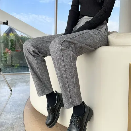 休闲哈伦毛呢裤女2023冬季新款高腰显瘦加厚外穿萝卜烟管直筒裤子商品大图