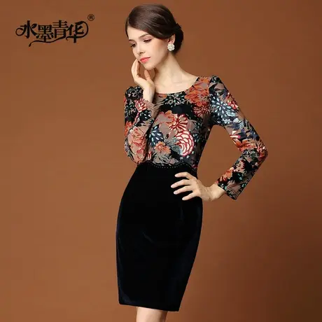 【1件7.9折】秋装新款时尚百搭打底裙通勤修身显瘦丝绒长袖连衣裙图片