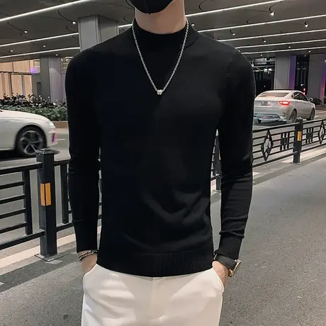 冬季男毛衣针织衫时尚休闲ins打底衫修身套头潮流纯色半高领体恤图片